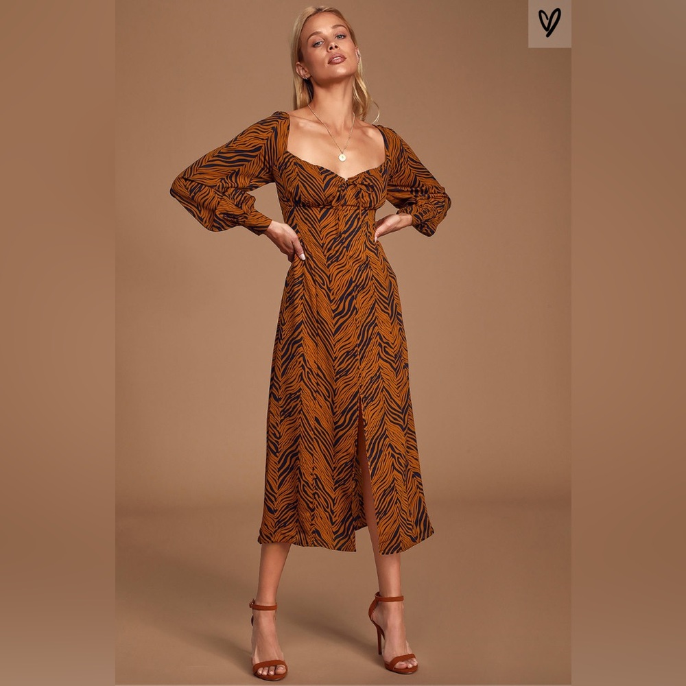 Lulu’s Animal Print Midi Length Long Sleeve Wedding Guest Dress